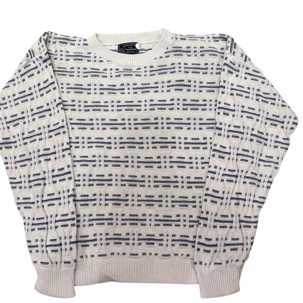 Vintage Textured Cotton Crew Neck Sweater USA Medium Cream Green Blue Pullover - Picture 3 of 6